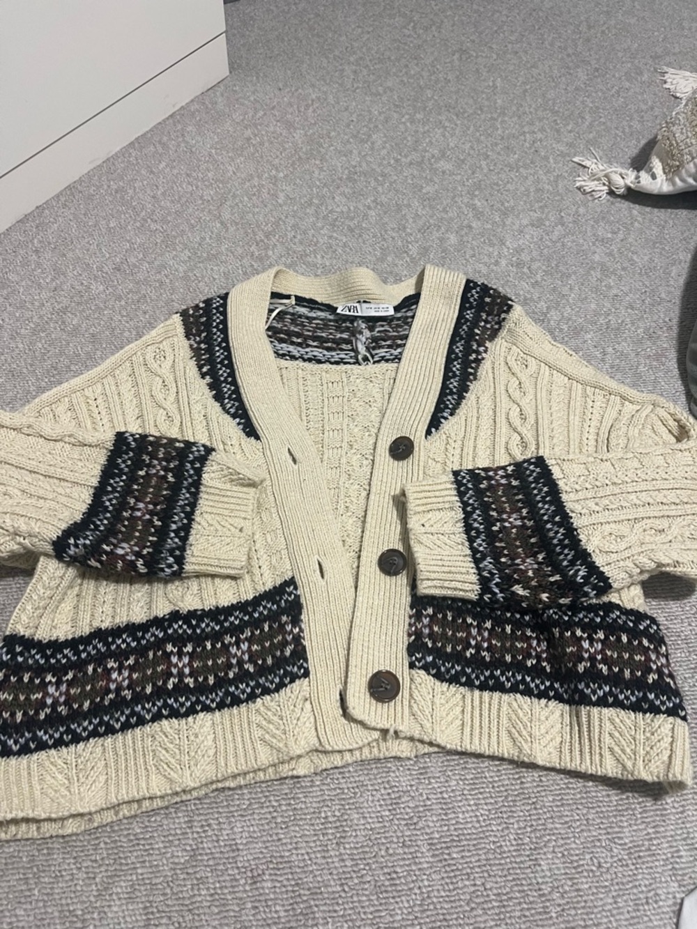 Zara Cream Cable Cardigan with Multicolor Fair Isle Bands